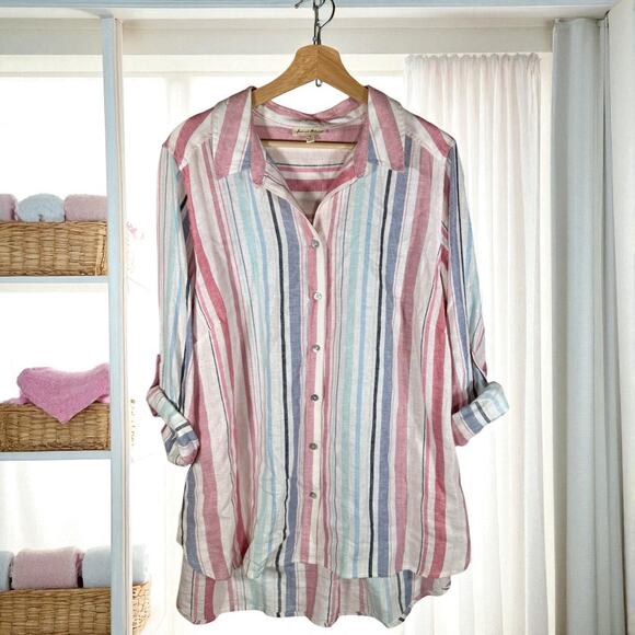 Jane and Delancey Women's 1X Linen Blend Roll Sleeve Button Front Blouse READ - Picture 1 of 12